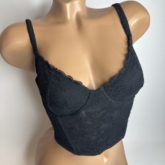 Gilly Hicks Black Lace Corset Tank Top S Boned Sheer Mesh Coquette Goth Romantic - Picture 1 of 11